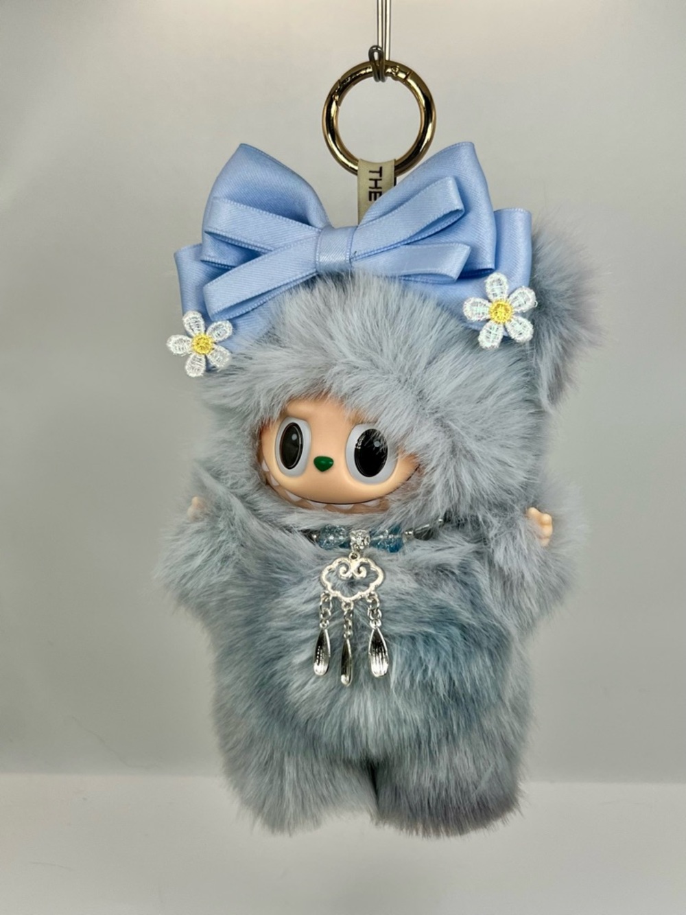 (28) Plush Blue Fur Doll Keychain with Bow & Flower Accents